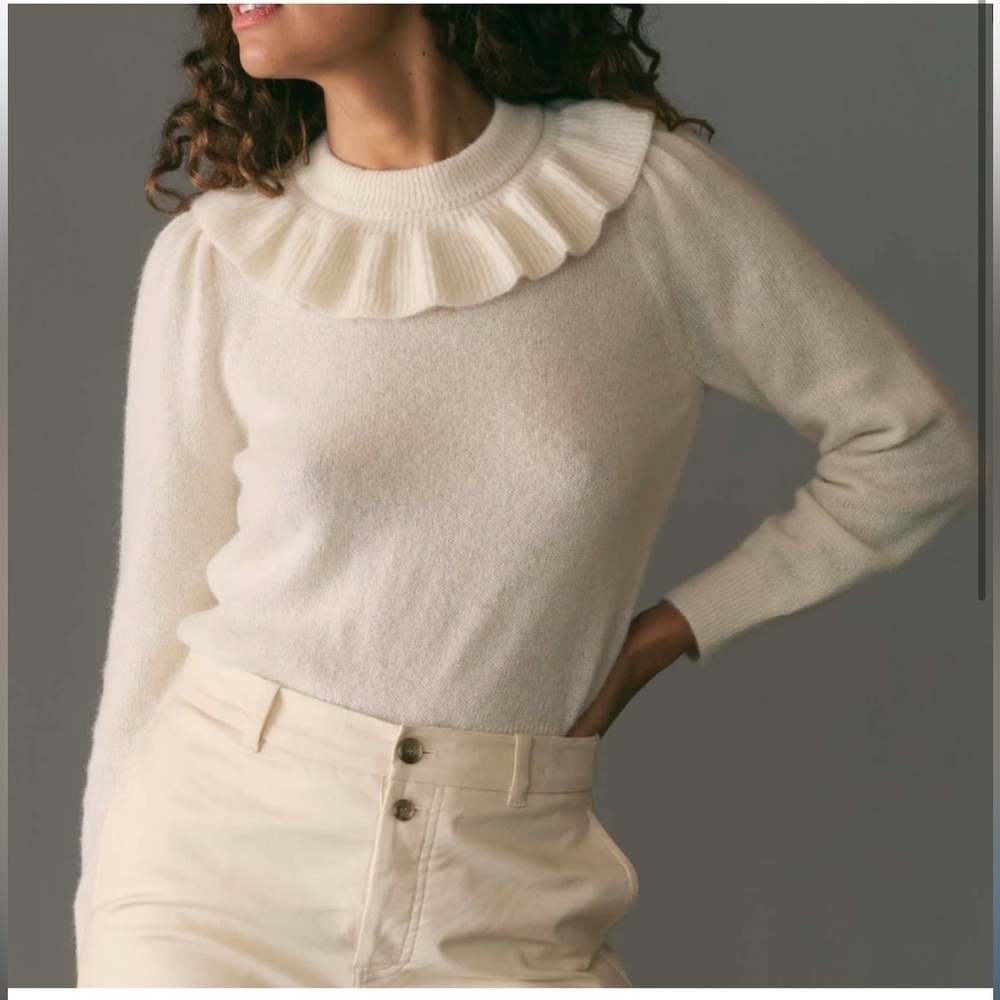 Doen Azaria sweater Ivory Cream baby  Alpalca   Wool Ruffle Collar XS NEW NWT